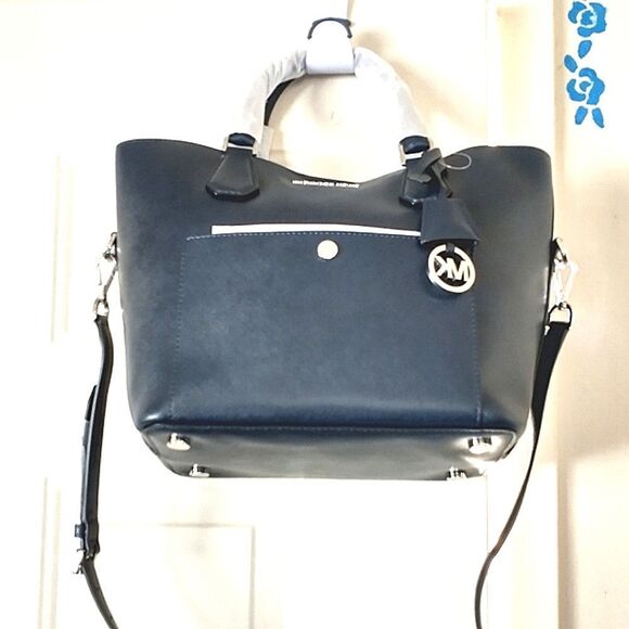 New! MICHAEL KORS Leather Greenwich Large Grab Bag Handbag Crossbody Navy Blue - Picture 16 of 16